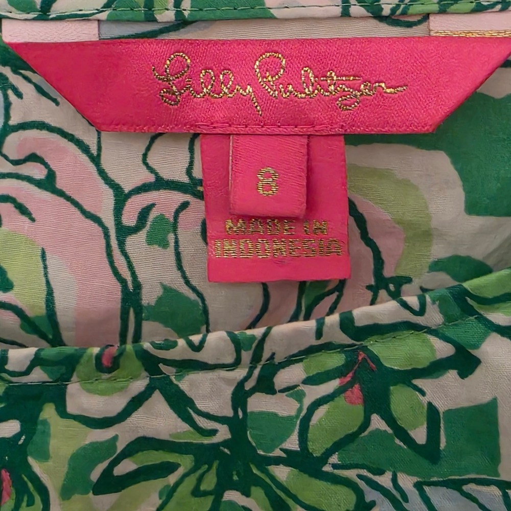 Lilly Pulitzer Womens Green Pink Floral Puff Sleeve Cotton Blouse Size 8 - Picture 4 of 8